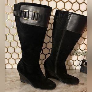 Women’s Black Suede and Leather Wedge Heel Boots.
